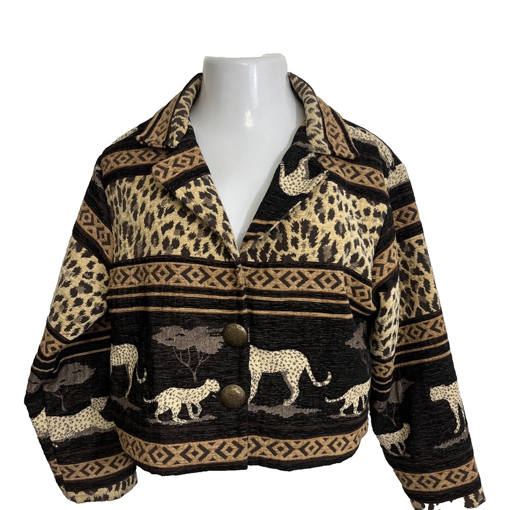Paco Soler Tapestry Jacket USA VTG Size M Leopard Boho Cropped Safari Animal